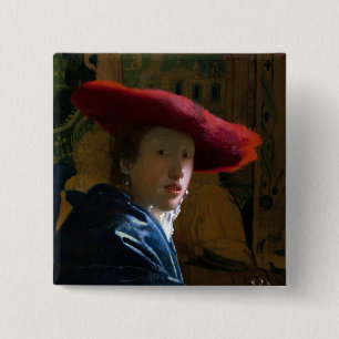 Johannes Vermeer - Girl with a Red Hat 15 Cm Square Badge