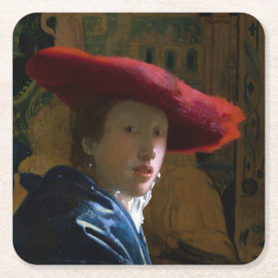 Johannes Vermeer - Girl with a Red Hat Square Paper Coaster