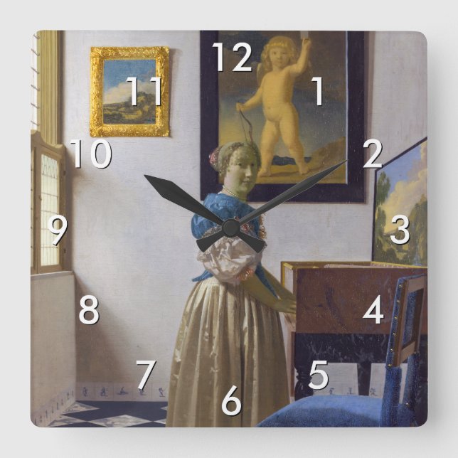 Johannes Vermeer - Lady Standing at a Virginal Square Wall Clock (Front)