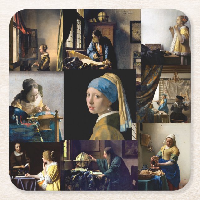Johannes Vermeer - Masterpieces Patchwork Square Paper Coaster (Front)