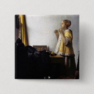 Johannes Vermeer - Young Woman with Pearl Necklace 15 Cm Square Badge