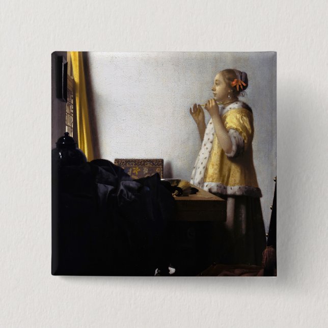 Johannes Vermeer - Young Woman with Pearl Necklace 15 Cm Square Badge (Front)