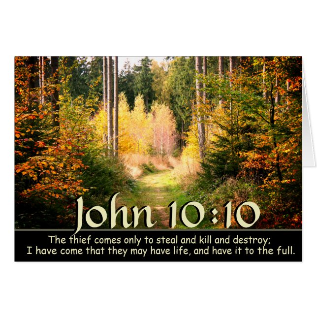 John 10 10 Bible Verse, Fall Forest Path.Card (Front Horizontal)