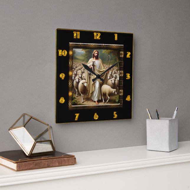 John 10:7 Golden Shepherd Loving Scene Square Wall Clock (Office)