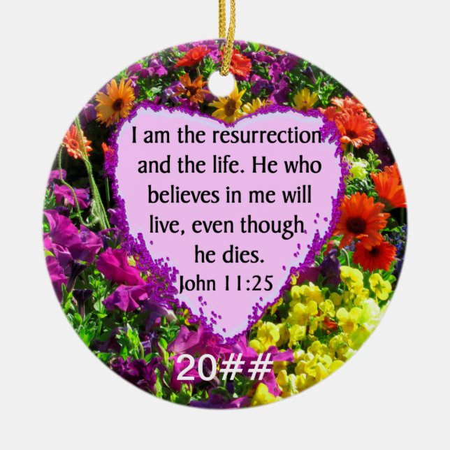 JOHN 11:25 PURPLE WILD FLOWERS CERAMIC ORNAMENT (Front)