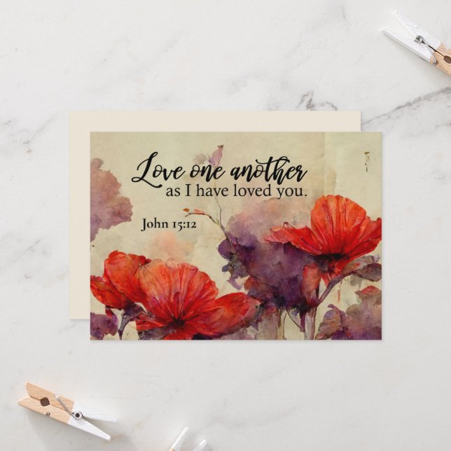 John 15:12 Love Bible Verse Red Floral Flat Card (Front/Back In Situ)
