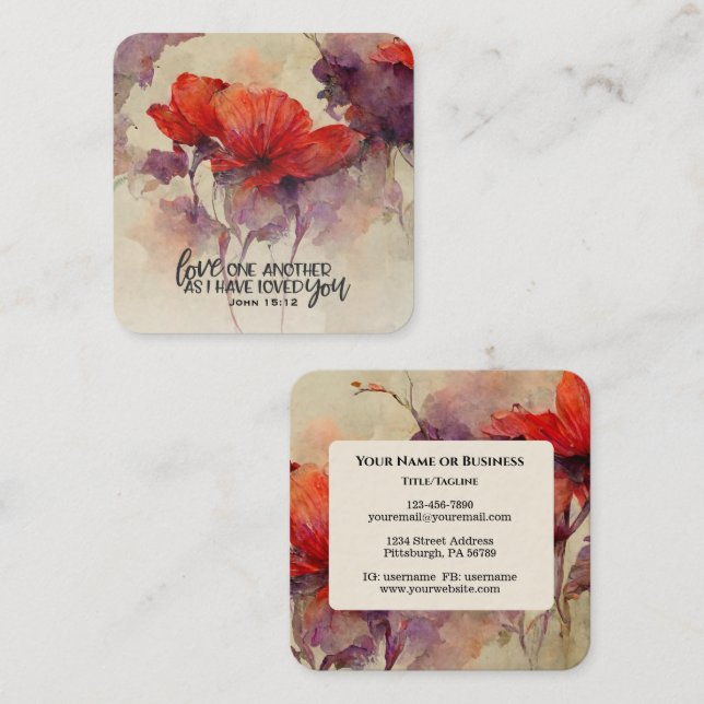John 15:12 Love One Another Bible Verse Red Floral Square Business Card (Front/Back)