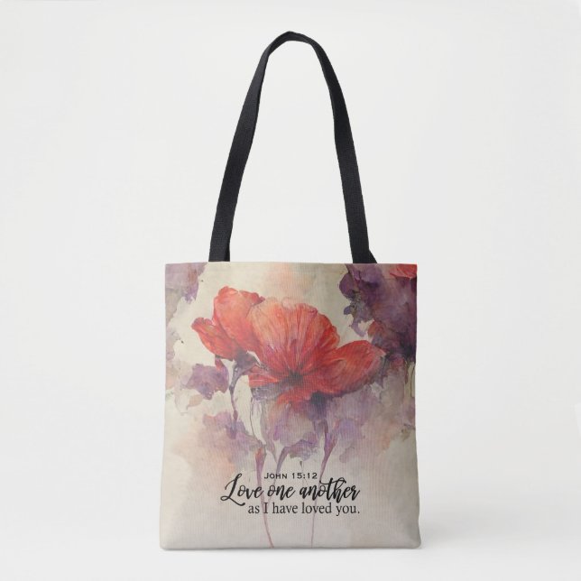 John 15:12 Love One Another Bible Verse Red Floral Tote Bag (Front)