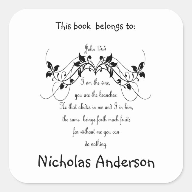 John 15:5 Bible Scripture Verse  Bookplate art Square Sticker (Front)