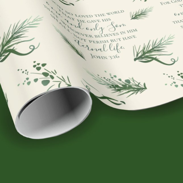 John 3:16 Bible Custom Modern Sage Christmas  Wrapping Paper (John 3:16 custom inspirational Bible verse Christmas wrapping paper. Elegant hand drawn pine  & bows)