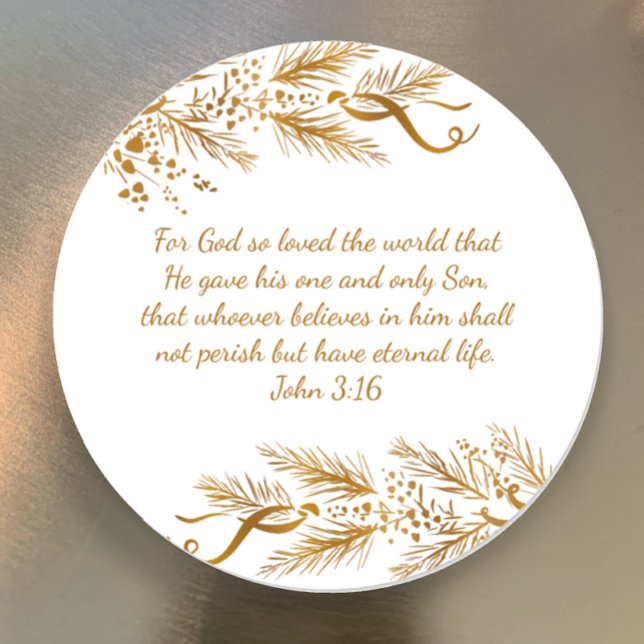 John 3:16 Bible Scripture Elegant Golden Christmas Classic Round Sticker (John 3:16 For God so love the world custom scripture elegant gold Christmas sticker for gifts cards.)