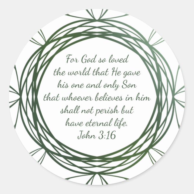 John 3:16 Bible Scripture Modern Green Christmas Classic Round Sticker (Front)