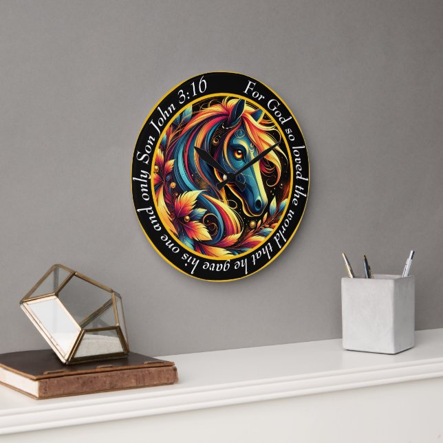 John 3:16 Christian Blue And White Abstract Horse  Large Clock (Office)