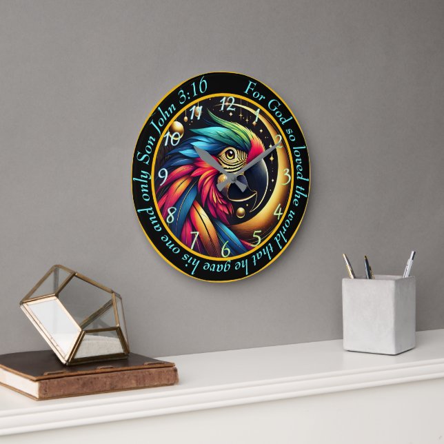 John 3:16 Christian Bold Tropical Parrot  Large Clock (Office)