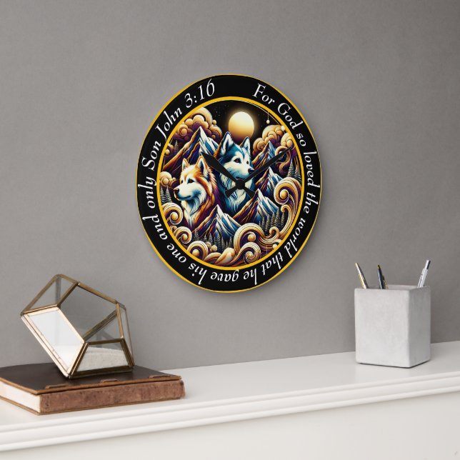 John 3:16 Christian Faith ocean with a sunset   Large Clock (Office)