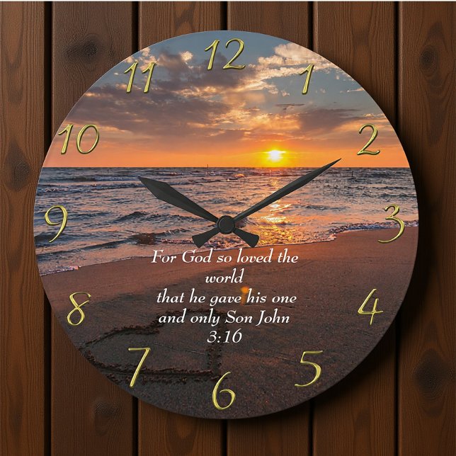John 3:16 Christian Faith ocean with a sunset   Large Clock (Creator Uploaded)