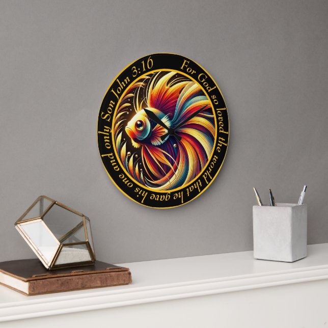John 3:16 Christian Marine Majesty Betta Fish Large Clock (Office)