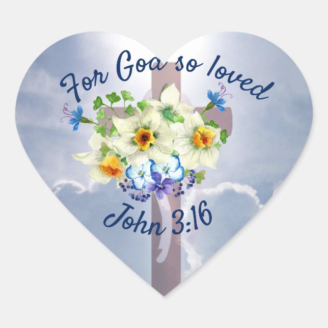 John 3:16, Christian Religion, Cross in Clouds Heart Sticker (Front)
