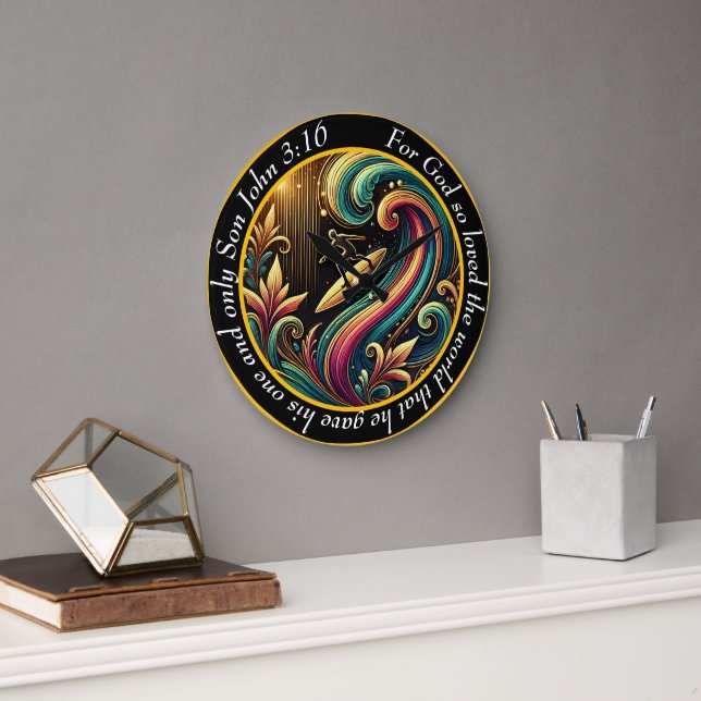 John 3:16 Christian Surfer Ride A Magnificent Wave Large Clock (Office)