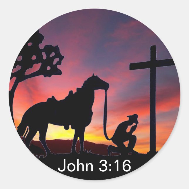 John 3:16 Cowboy at the Cross Christian Sticker (Front)