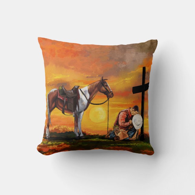 John 3:16 Cowboy at the Cross Praying Christian Cushion (Front)