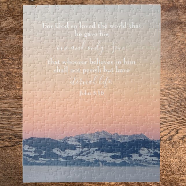 John 3:16 Custom Text | Swiss Alps Original Photo Jigsaw Puzzle (It’s a puzzle, John 3:16 Bible Verse on my original photo. Unique Christian scripture gift. 

)