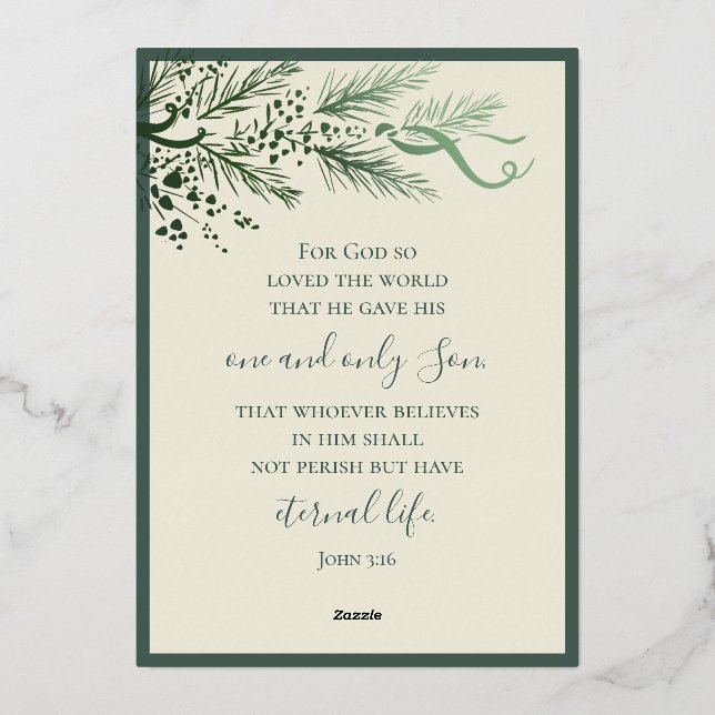 John 3:16 Elegant Modern Greenery Photo Christmas Foil Holiday Card (Back)