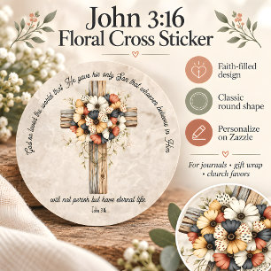 John 3:16 Floral Cross Bible Verse Round Sticker
