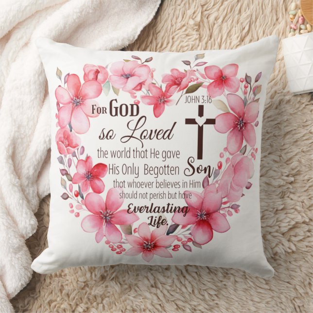 John 3:16 Floral Heart Bible Verse Cushion (Blanket)