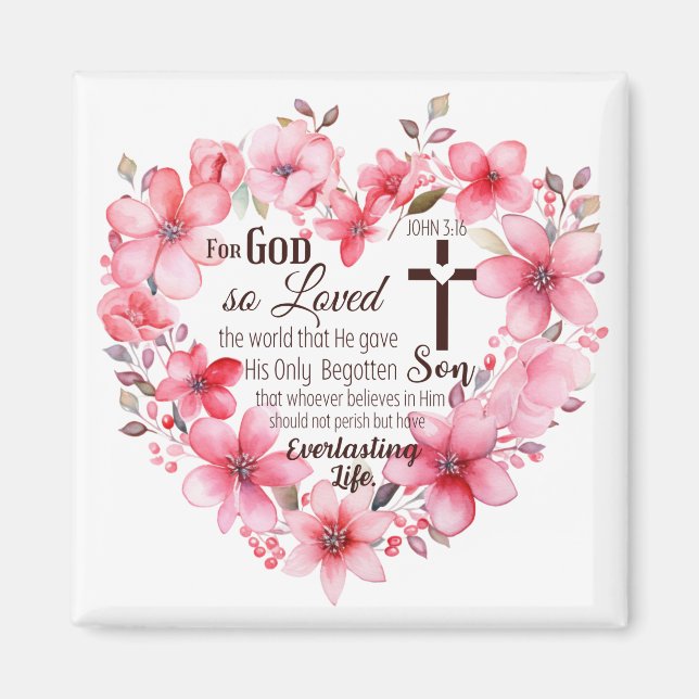 John 3:16 Floral Heart Bible Verse Magnet (Front)