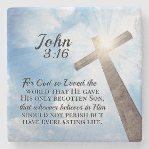 John 3:16 God so Loved the World Wooden Cross Stone Coaster