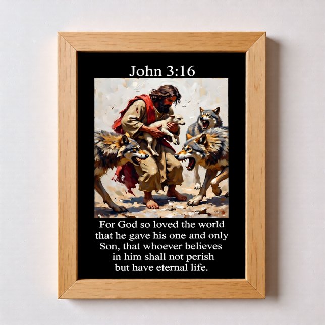 John 3:16 Good Shepherd Delivering Lamb Wolves Poster (Creator Uploaded)
