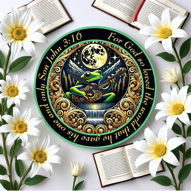 John 3:16 Guitar-Strumming Frog Glows Under Moon  Large Clock (Creator Uploaded)