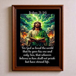 John 3:16 Jesus Glowing Holy Bible Burning City Poster