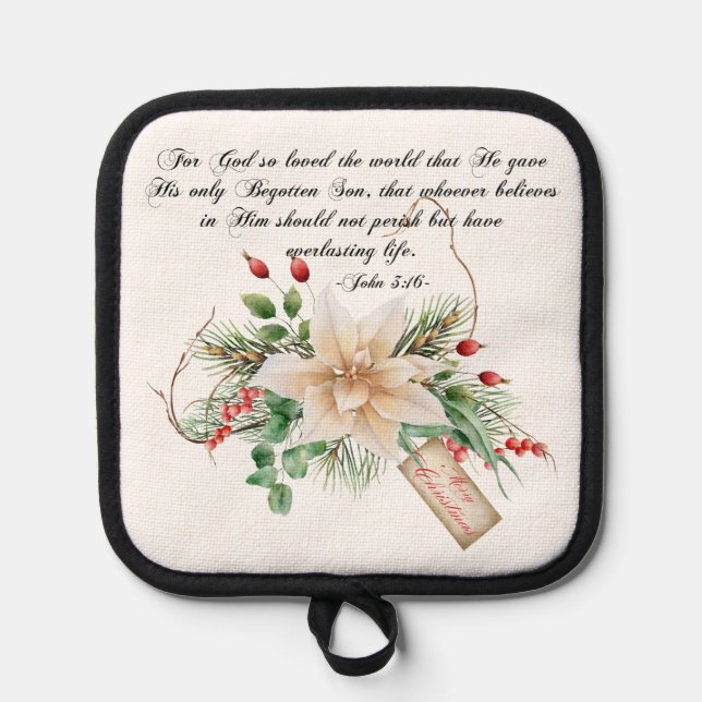 John 3:16 - Merry Christmas Scripture Floral Pot Holder (Front)