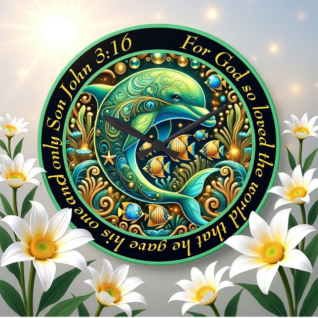 John 3:16 Ocean Harmony Dolphin  Large Clock (Creator Uploaded)
