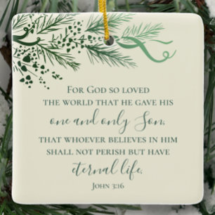 John 3:16 Personalised Sage Pine Christmas Gift  Ceramic Ornament