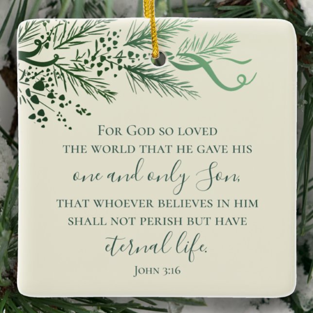 John 3:16 Personalised Sage Pine Christmas Gift  Ceramic Ornament (Elegant modern custom Sage script John 3:16 Christmas ornament gift. Personalize hand drawn pine.)