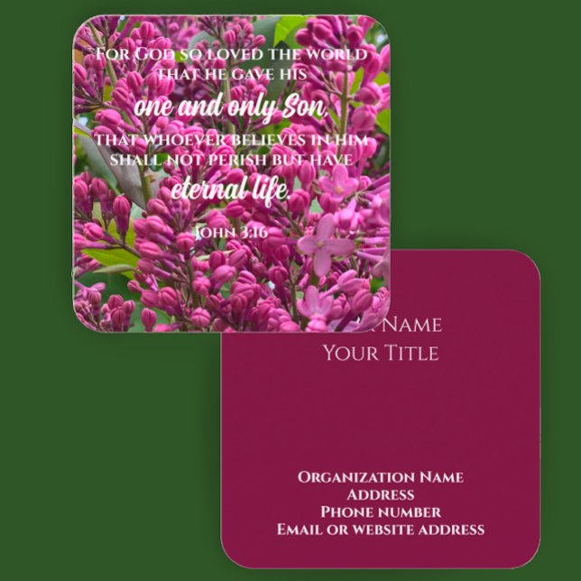 John 3:16 Scripture Card Flower Photo Custom Text (John 3:16 Bible scripture verse cards on floral lilac photo. Elegant custom script business cards.
)