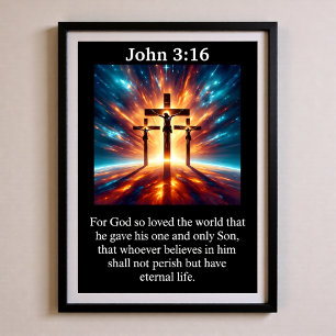 John 3:16 Three Crosses Cosmic Nebula Crucifixion Poster