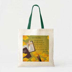 John 3:16 Version - Gold Cross & Yellow-Gold Lily Tote Bag