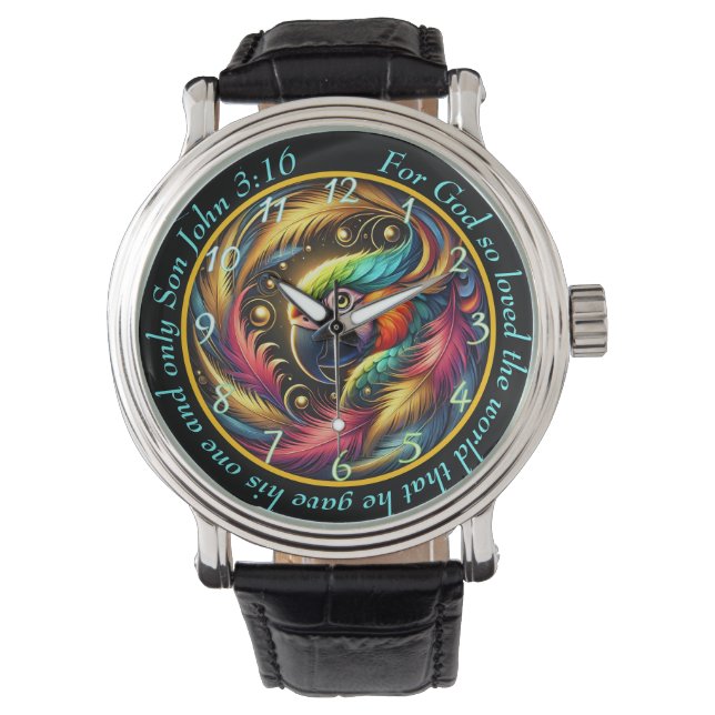 John 3:16 Vibrant Parrot Timepiece Tropical Faith Watch (Front)