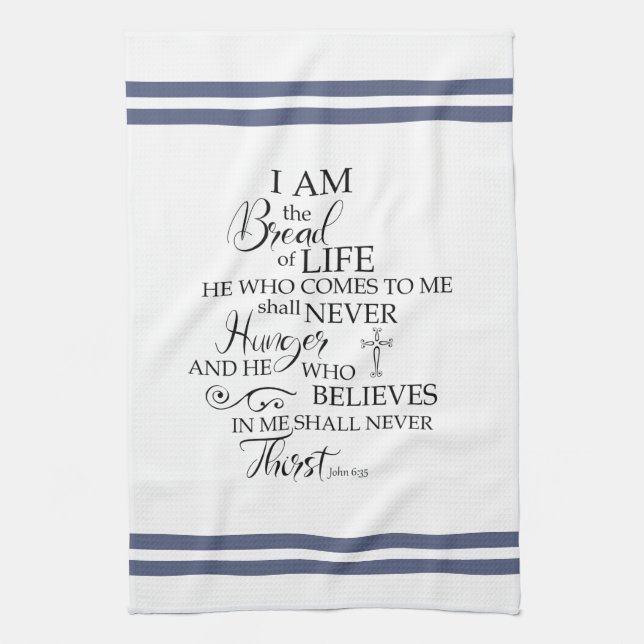 John 635 Bread of Life soft blue Inspirational Tea Towel (Vertical)