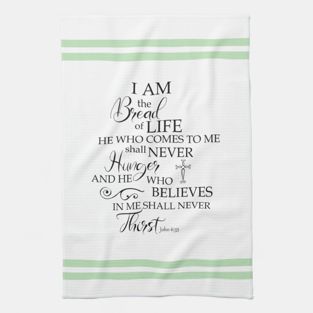 John 635 Bread of Life soft green Inspirational Tea Towel (Vertical)