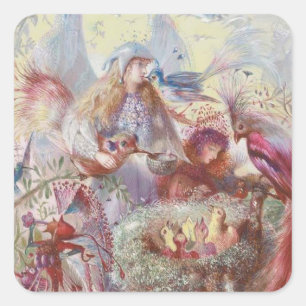 John Anster Fitzgerald - Fairies and a Birds Nest Square Sticker