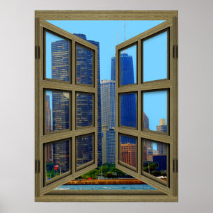 John Hancock Skyline 6 Pane Open Window Poster