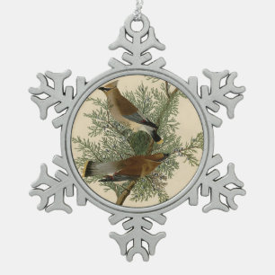 John James Audubon Cedar Waxwing Bird Print Snowflake Pewter Christmas Ornament