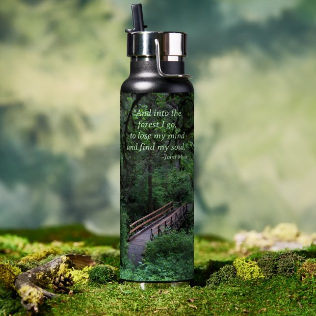 John Muir Quote Trail into the Forest  Water Bottle (Outdoor (Rotated))