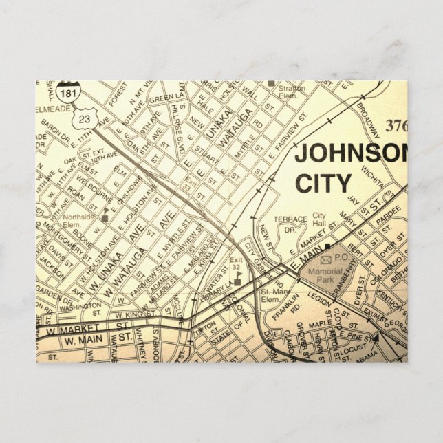 Johnson City, TN Vintage Map Postcard (Front)