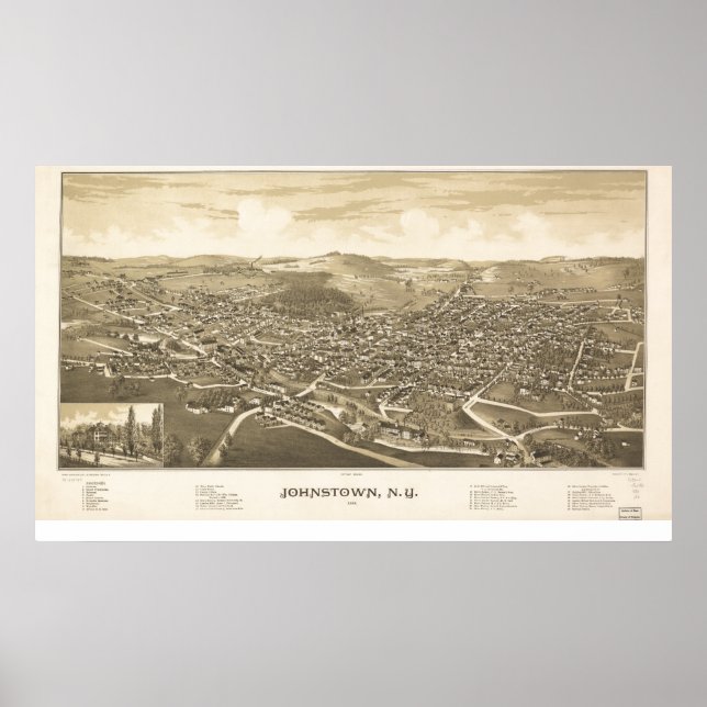 Johnstown New York 1888 Antique Panoramic Map Poster (Front)